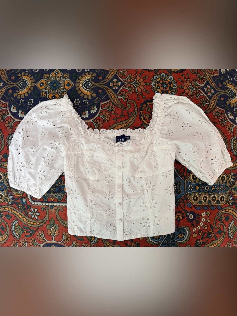 GAP White Eyelet Puff-Sleeve Button-Front Top